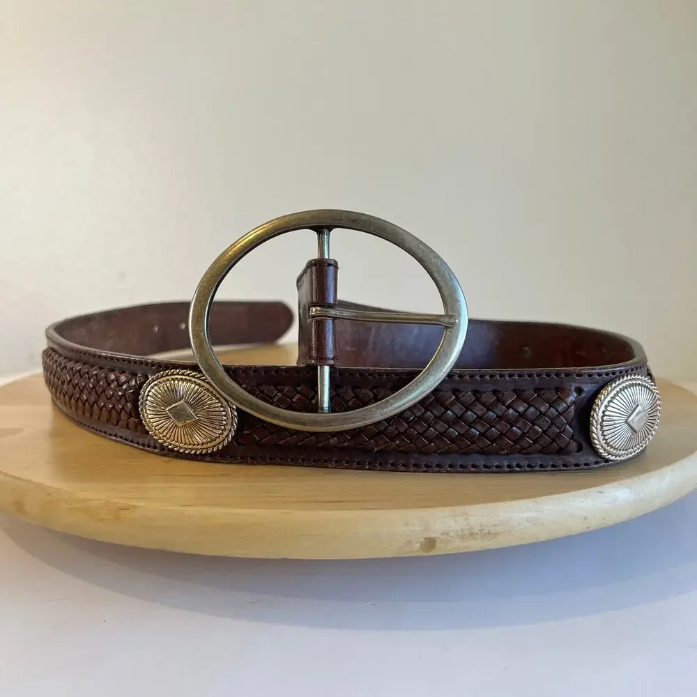 90s Brown Woven Starburst Studded Western Large Silver Buckle Belt Size Small